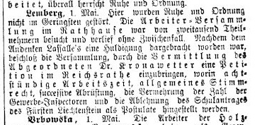 Повідомлення про першотравневий мітинг у Львові у віденській німецькомовній газеті