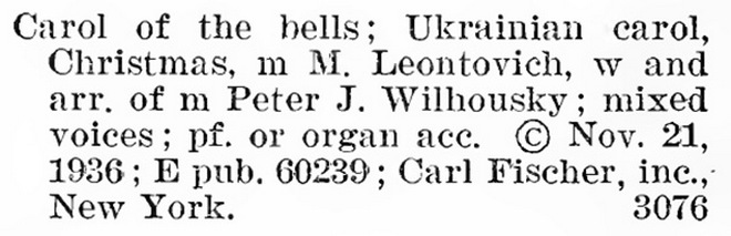 Виписка з каталогу зареєстрованих авторських прав у США, 1936 рік