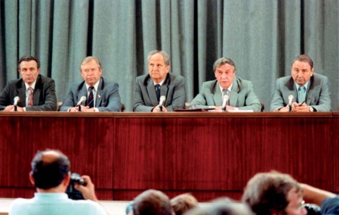 Прес-конференція ДКНС у будівлі пресцентра МЗС СРСР на Зубовському бульварі 19 серпня 1991 року