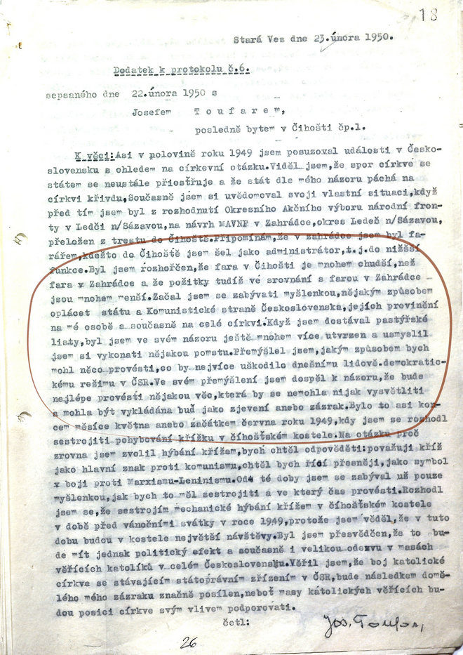 Протокол допиту Йозефа Тоуфара з 22 лютого 1950 року. А правому нижньому куті – підпис Тоуфара 