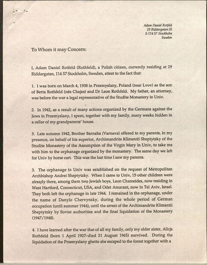  Фрагмент свідчення під присягою Адама Ротфельда про обставини порятунку під час Голокосту та роль у порятунку Митрополита Андрея Шептицького 