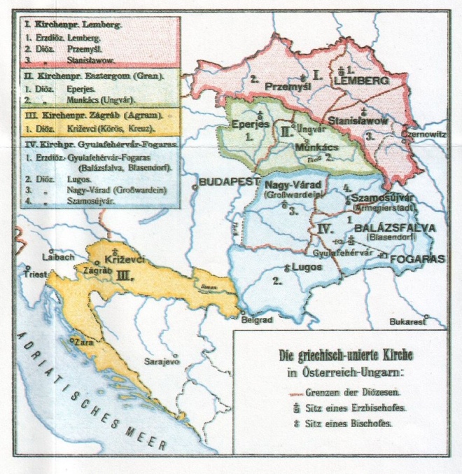 Мапа греко-католицьких єпархій в Австро-Угорщині, 1909 рік