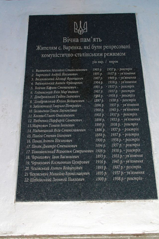 Меморіальна дошка із репресованими жителями с. Варенка